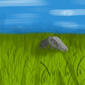 Painting of large rock in a field of grass with blue sky